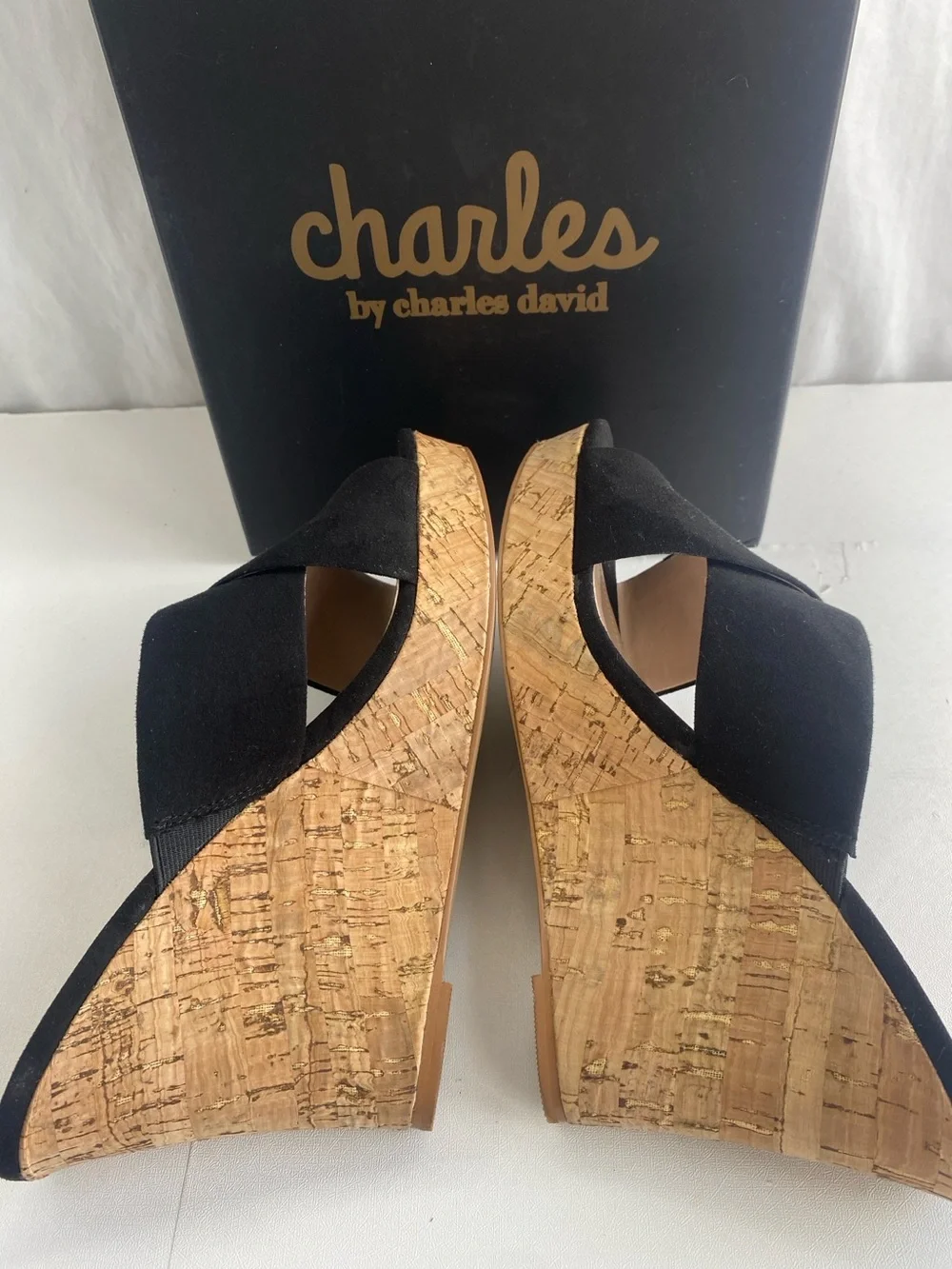 Charles By Charles David Latrice Black Crisscross Cork Wedge Sandals shoes 9.5